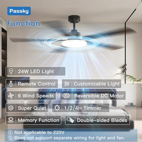 Image of Passky Ceiling Fans with Lights, 60 inch Sleek Ceiling Fan with Light and Remote Control, 3CCT, Dimmable, Reversible, Noiseless, Black Ceiling Fan for Bedroom, Living Room