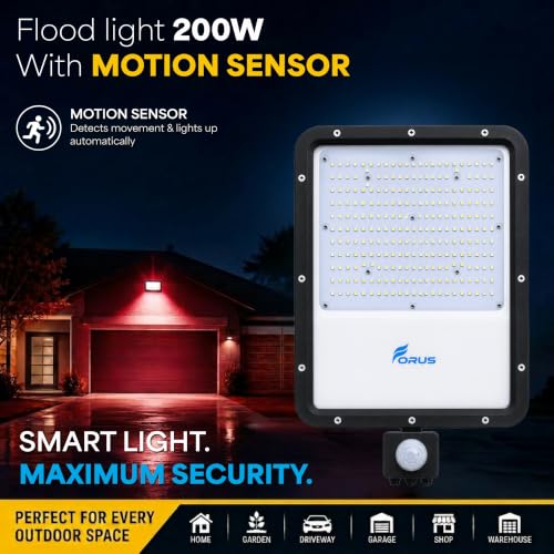 Image of Forus 200W LED Flood Light Red with Motion Sensor Auto On Off Day Night Mode Waterproof Outdoor Security Light for Garden Parking Garage Factory Warehouse Shop High Bright Floodlight 4Yr Warranty-1Pc