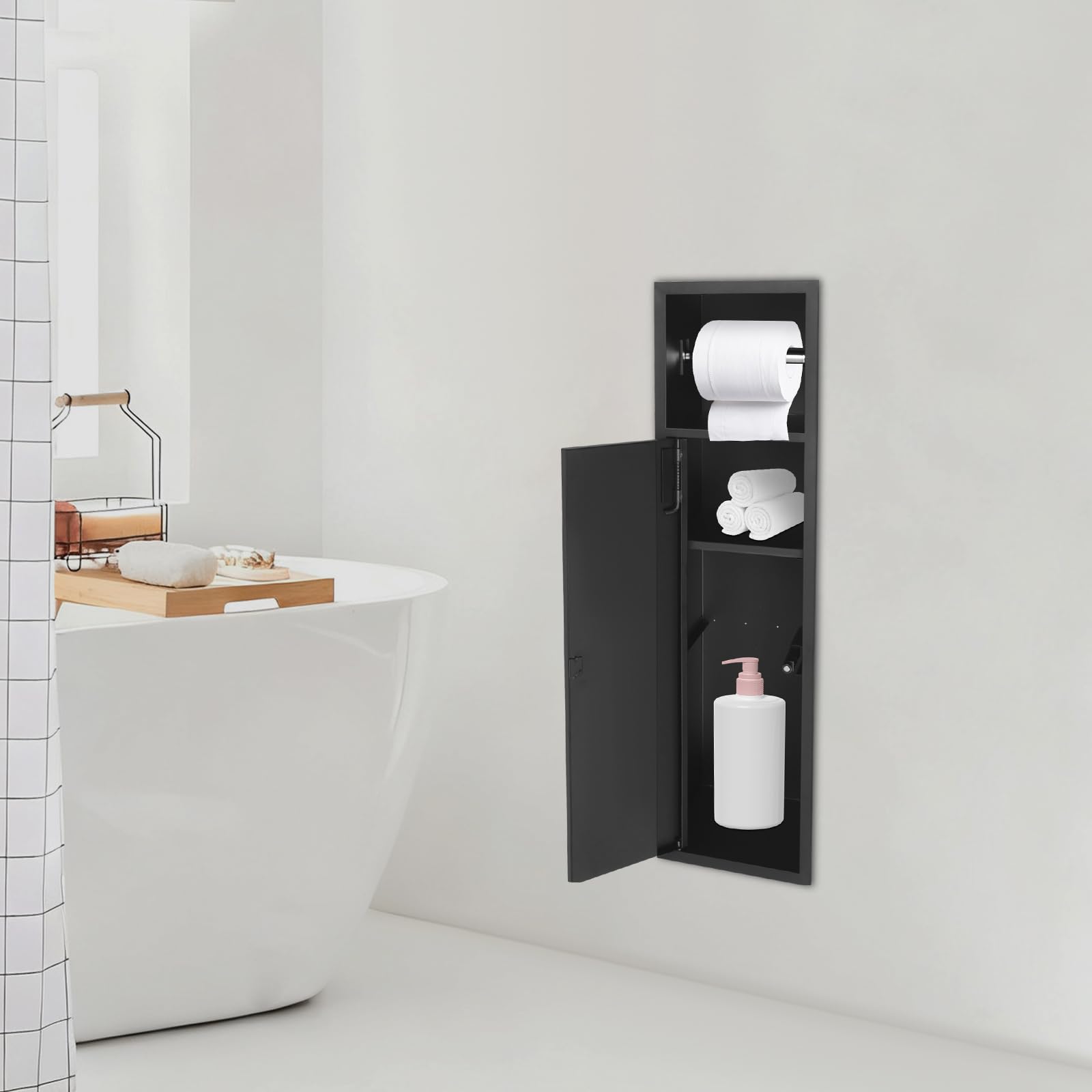 Módulo de armario empotrado, 63 x 15 x 15 cm, acero inoxidable, mueble de baño con portarrollos y puerta de armario, nicho de ducha empotrado para cocina, salón, hotel (negro)
