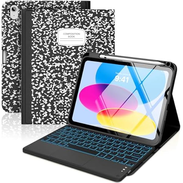MoKo Touch Keyboard Case for iPad (A16) 11th Generation 11 inch 2025,iPad 10th Generation 10.9 inch Case with Pencil Holder,7 Colors Backlit Multi-TrackPad Detachable Bluetooth Keyboard,Notebook Black