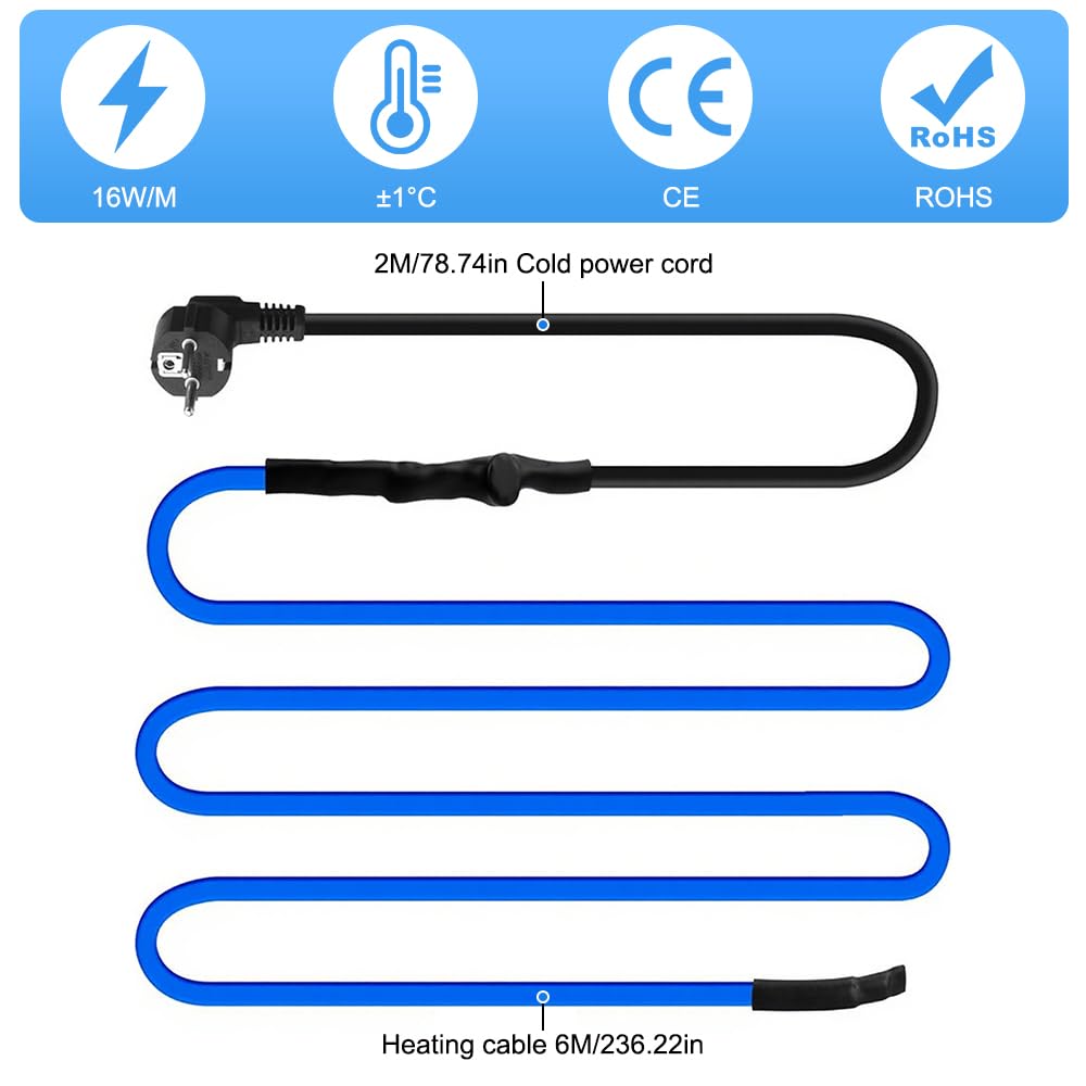 Cordon Chauffant Antigel, 6M 230V Cable Chauffant Antigel, 25W/M Fil Chauffant Antigel, Câble Chauffant Autorégulant avec Thermostat Intégré pour Protéger Tuyaux Domestiques