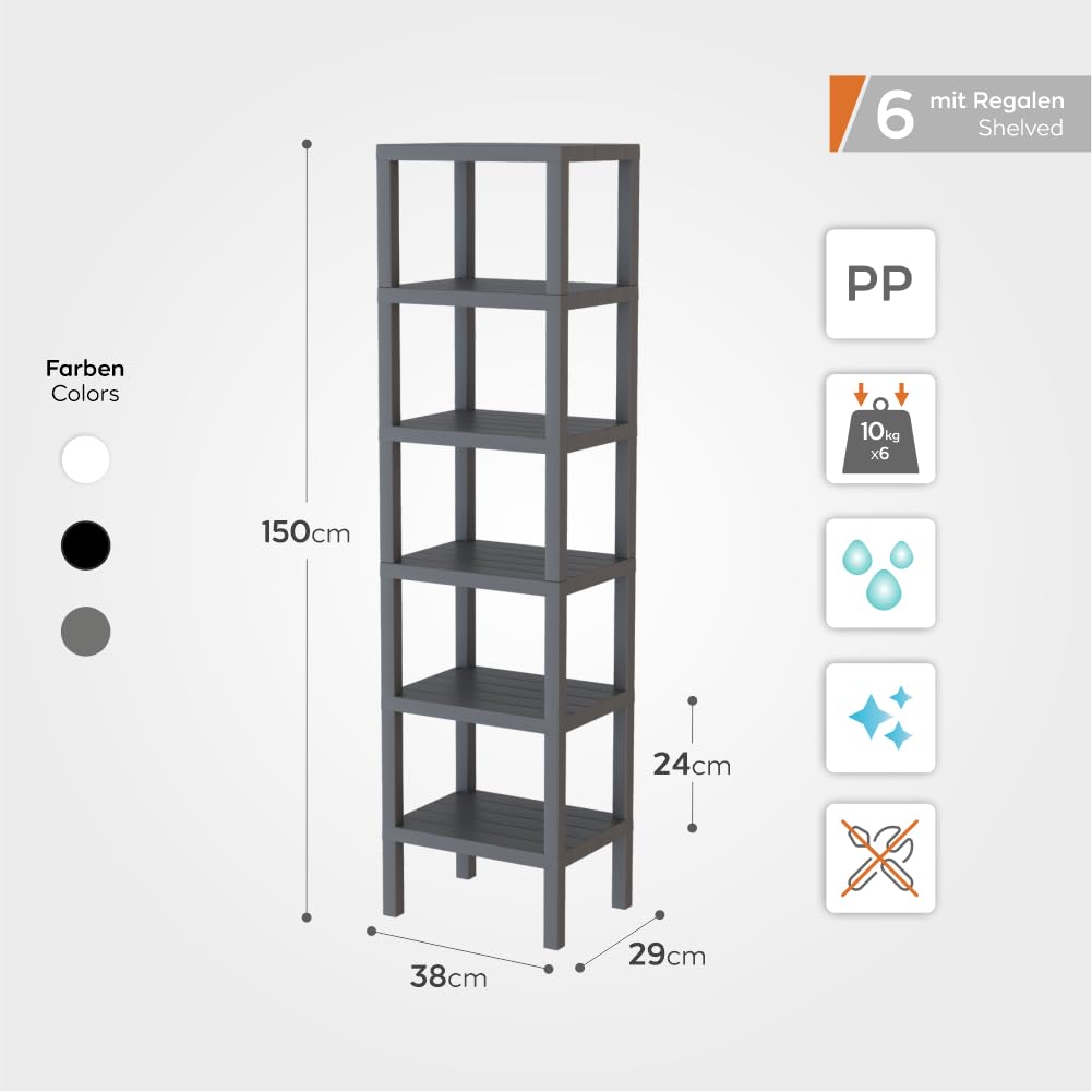 sugodesign OMBEG 6-stufiges Regal, Flexibles Standregal oder Beistellregal, Kunststoff, 10 kg Tragkraft pro Ebene, Werkzeuglose Montage, für Bad, Küche, Büro (weiß)