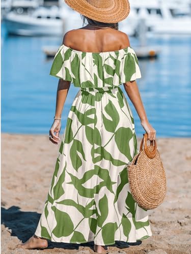 Image of CUPSHE Women Ruffle Floral Maxi Summer Dress Off Shoulder Short Sleeve Backless Flounce Bodice Slit Hem Beach Dresses