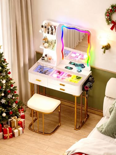 MDGC RGB Makeup Vanity Desk with Wireless Charging Station,7 Dynamic