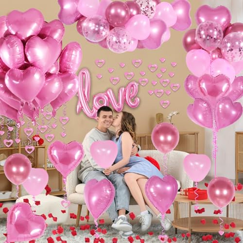 Image of Pink Valentines Day Decorations with Heart Balloons and Love Balloon, Fake Rose Petals for Wedding Decor, Anniversary Decorations Romantic with Pink Latex Balloons and Heart Hanging