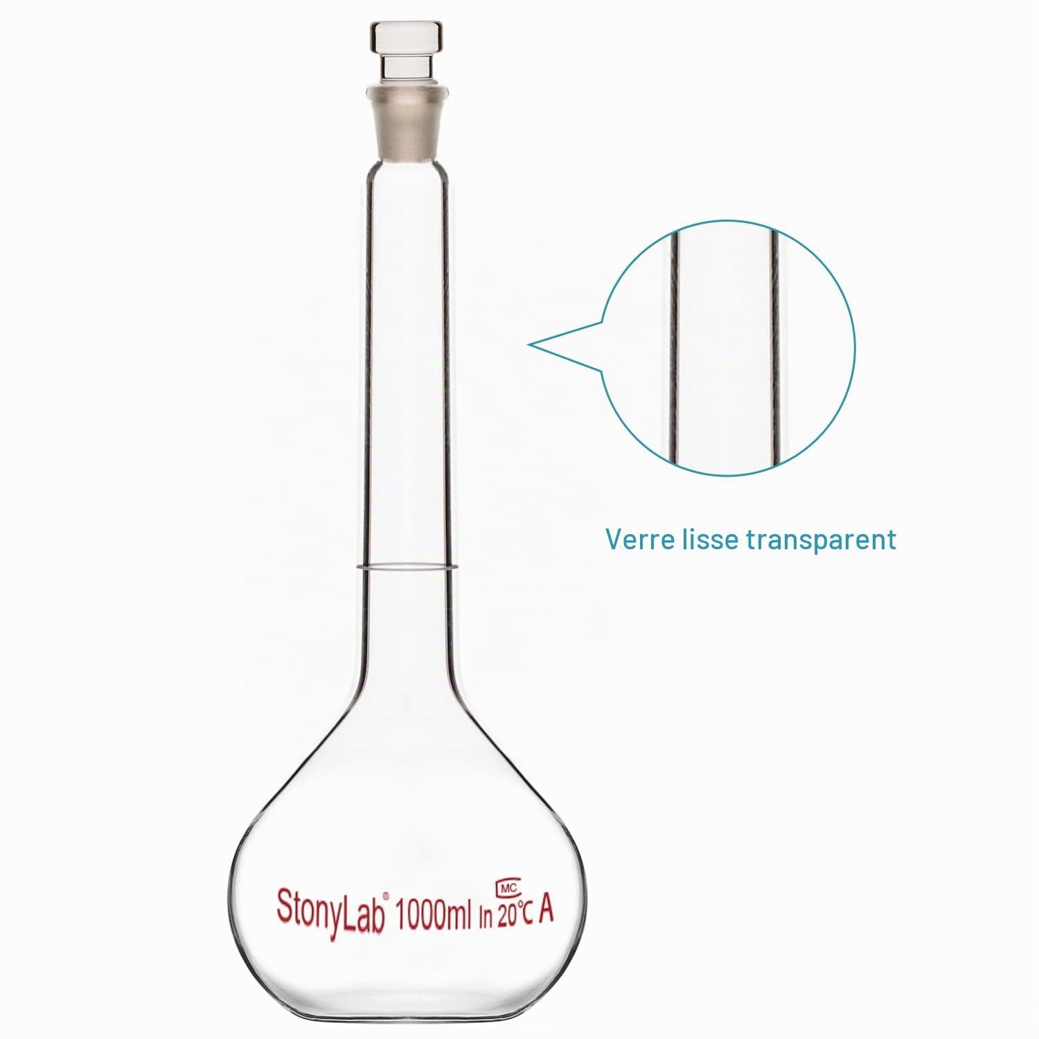 stonylab Flacon Volumétrique en Verre Classe A avec Verre Bouchon, Verre Borosilicaté Mur Lourd Tolérance de La Fiole Jaugée (1000 ml, Transparente)