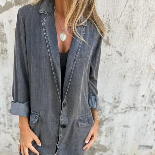 Oversized Denim Blazer for Women, 2025 Casual Lapel Open Front Jackets, Women's Retro Loose Long Sleeve Denim Jacket3