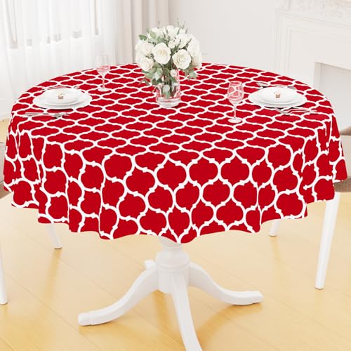 Image of Smiry Round Table Cloth, Flannel Backed Vinyl Tablecloth, 60 inch Round | Waterproof Plastic Tablecloths, Wipeable Table Cover for Dining, Indoor and Outdoor (Red)