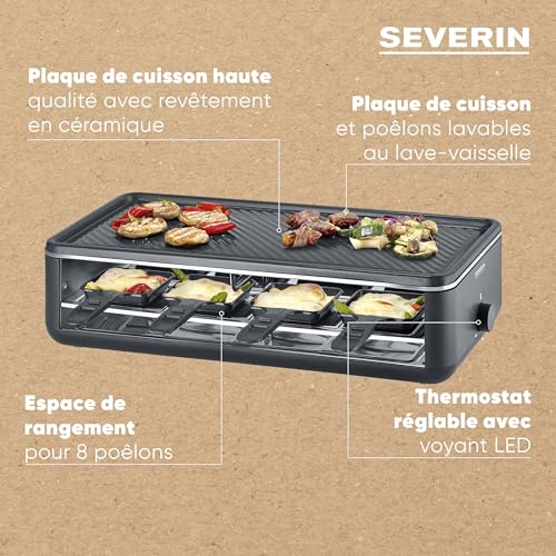 SEVERIN Appareil à raclette pour 8 personnes, Plaque de cuisson avec surface de cuisson rainurée 48 x 24 cm antiadhésive, Gril raclette 1 300 W, Noir, RG 2365
