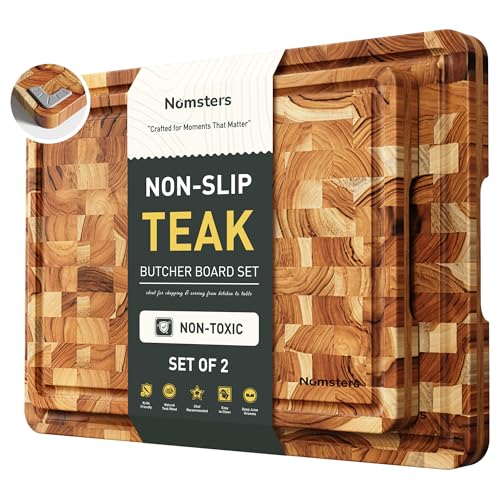 Set de 2 tablas de cortar de madera de teca con patas antideslizantes y ranuras para jugos miniatura 1