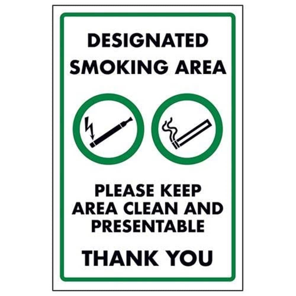 Vsafety White V Safety Designated Smoking Area/Please Keep Area Clean Sign - 150Mm X 200Mm - Self Adhesive