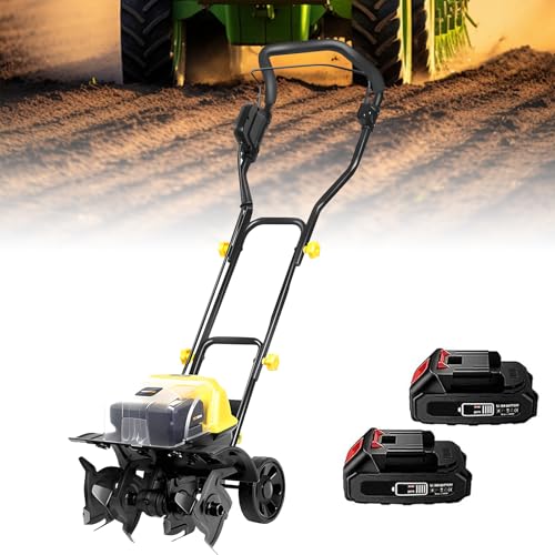 Motocultor Eléctrico, Cultivador de Suelo de 40 V con 1 Cargador y 2 Baterías Recargables, Rotavator de Jardín con 4 Cuchillas, Máquina Rotativa Agrícola para Jardín, Campo