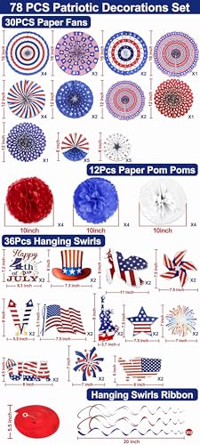 Image of AMENON 78 PCS 4th of July Decorations Set, Patriotic Paper Fans Decorations Red White Blue Hanging Paper Pom Poms Swirls Americans Flag Stars Stripes Party Supplies for Independence Day Indoor Decor