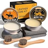 Nuroon 7 Pcs Leather Boots Care Kit-3.52oz Saddle Soap+3.52oz Mink Oil for Leather Shoes Cleaning and Leather Purse Shoes Polishing, Including 2pcs Horsehair Brushes, Shine Cloth and Sponge Pad