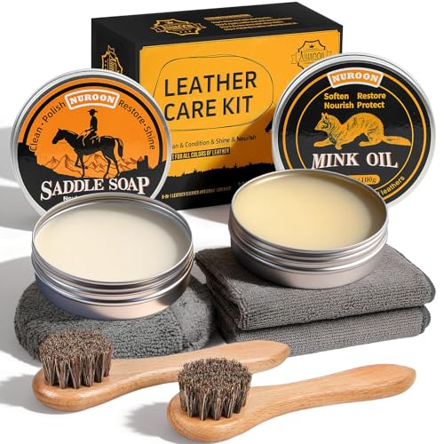 Nuroon 7 Pcs Leather Boots Care Kit-3.52oz Saddle Soap+3.52oz Mink Oil for Leather Shoes Cleaning and Leather Purse Shoes Polishing, Including 2pcs Horsehair Brushes, Shine Cloth and Sponge Pad by Nuroon - Used condition - US$14.48