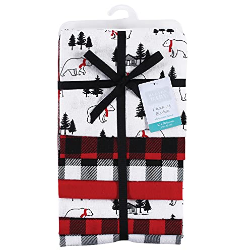 Image of Little Treasure Hudson Baby Cotton Poly Flannel Receiving Blankets Multipack, Red Buffalo Plaid Bear, 30x30 inches