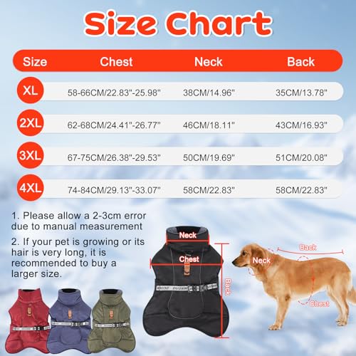 Ledeak Warme Hundemäntel, Warmer Winter Wasserdicht Hundejacke, Reflektierende Hundejacke mit Verstellbarem Verschluss, Outdoor hundemantel, Baumwolle Dog Coat für Mittelgroße Große Hund (Rot, 3XL)