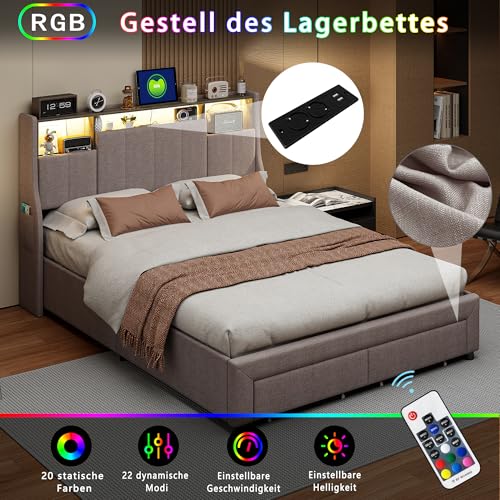 BRYXR Polsterbett 140x200 cm, Stylisches Doppelbett mit LED-Beleuchtung, USB-Anschlüssen und Stauraum, Elegantes Bett mit 2 Schubladen & Lattenrost in Grau, ohne Matratze