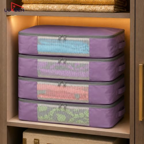 Image of Lukzer Nylon Clothes Storage Box /Saree Cover /Bags with Zip & Mesh Window Foldable Clothes Storage Organizer for Wardrobe /Lehenga /Dress /Shirts /Quilts /Sarees | (45 x 33 x 14.5 cm) Lavender - Pack of 3