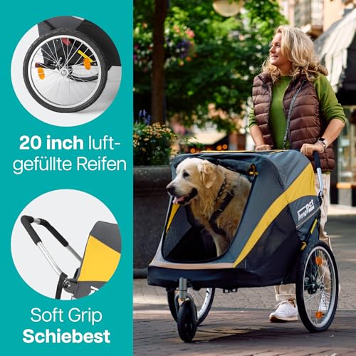 Großer Hundebuggy und Fahrradanhänger Trailer - Innopet Hercules Gelb/Grau - 2in1 mit Umbauset und Regenhaube - Leinen innen - Hundewagen bis 50kg belastbar - 45cm große hintere Luftreifen
