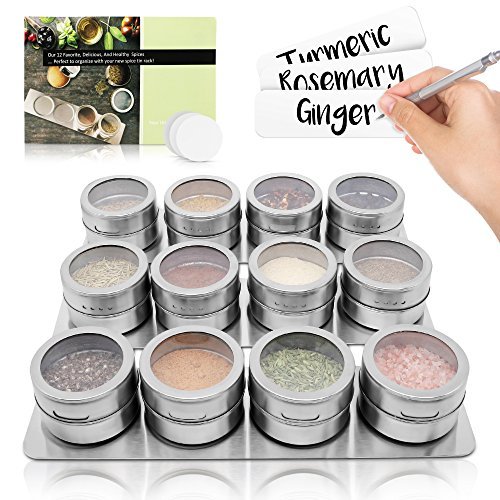 12 Magnetic Spice Tins/Containers + 3 Wall Mounted Racks - For Spices, Seasoning, Herbs, Or Tea (Spices Not Included) #TOP2