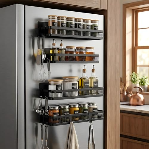 Magnetic Spice Rack for Refrigerator Set of 4 (2 Large & 2 Small) Kitchen Storage Shelves with 8 Hooks No-Drill Fridge Organizer for Spice Jars Organization Rack for Microwave & Washing Machine