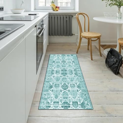 Alfombra lavable para pasillo con base antideslizante cian boho 90x200 5