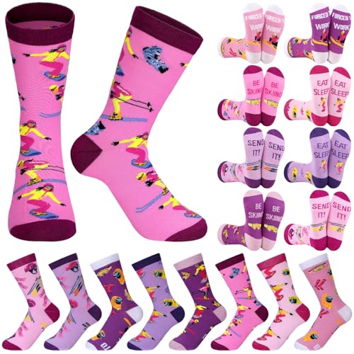 Shihanee 8 Pair Funny Ski Socks Novelty Skiing Accessories Gift Winter Snowboarding Gift for Ski Skiers(Women,Red)