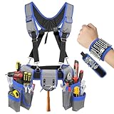 Tool belt with Suspenders, Magnetic Wristband for Tools,Multi-Functional Adjustable Waist Tool Belt, Tool Belt Pouches, Electrician Framer Belt with Suspenders,Men Women Carpenter Tool Belts,Blue-Grey