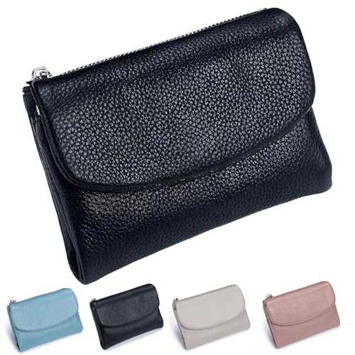 Unisex Pebble Leather Wallet, Small Wallets for Women, Coin Holder & Cash Slots, Genuine Leather Wallets for Men and Women, Small Compact Bifold Pocket Purse with Credit Card Holder (Black)