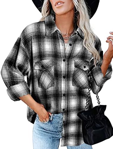 BTFBM Women Corduroy Shacket Jacket 2023 Long Sleeve Button Down Casual Plaid Flannel Shirts Boyfriend Fall Blouses Tops(Plaid Black, Medium)