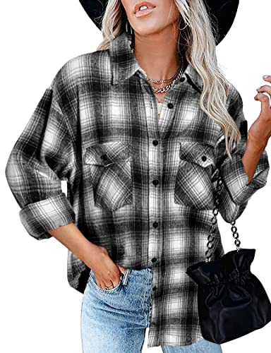 Btfbm Women Corduroy Shacket Jacket 2023 Long Sleeve Button Down Casual Plaid Flannel Shirts Boyfriend Fall Blouses Tops(Plaid Black, Medium) #TOP26
