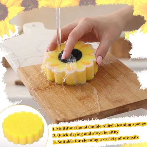 Image of Tioncy 12 Pack Sunflower Kitchen Sponges Bulk Dual Sided Scrubber Yellow Sunflower Sponges Dishwashing Kitchen Cleaning Accessories for Funny Christmas Holiday Household Supplies