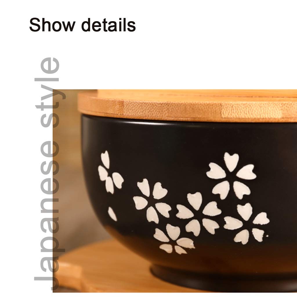 Japanse keuken kom met deksel vintage ramen kom met deksel zwart keramische instant noedelkom zwarte slakom soepkom met houten deksel ( Kleur: zwart, maat: 16168CM