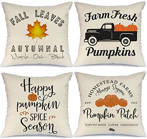 Fall Decor Pillow Covers 18x18 inch Set of 4 Fall Decorations Truck Pumpkin Patch Leaves Throw Pillows for Fall Thanksgiving Farmhouse Decorative Pillows A249