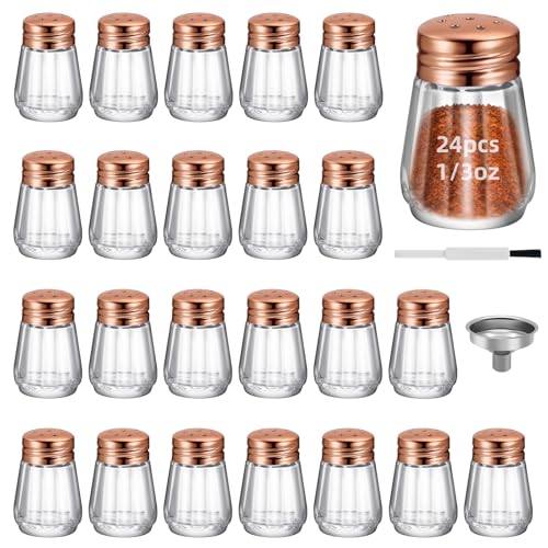 24Pcs 0.3 OZ Mini Salt and Pepper Shakers - Small Mini Salt Shaker Clear Seasoning Shakers Tiny Glass Spice Containers, Portable Small Seasonging Jars for kitchen, Picnic (24, Rose Gold)