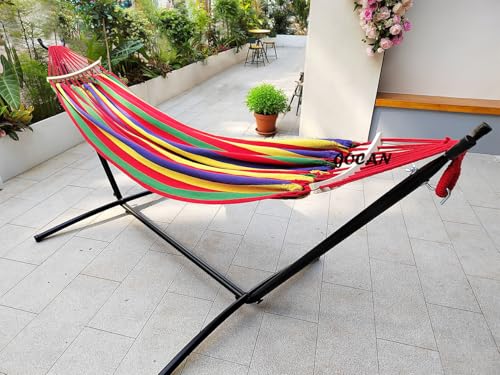 Image of GOCAN Double Hammock 2 Person Large 220x160cm with Steel Stand and Removable Spreader bar Load 500lb, Canvas Cotton Hammocks for Patio Porch Garden Backyard Outdoor and Indoor,red