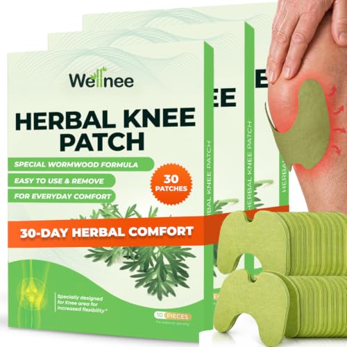 Wellnee Original Herbal Knee Patch - Wellknee Plaster for Knee Support &amp; Muscle Pain - Maximum Strength for a Temporary Relief - Adhesive Heat Patches Made with Natural Herbs for Wellness (30 Pads)