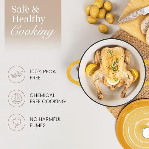 Image of Nuovva Enamelled Cast Iron Dutch Oven Pot with Lid 6.4 Quart Non Stick Casserole Pot-Heavy Duty & Oven Safe up to 500 F for Bread Baking, Braising, Stews, Roasting - 28cm Yellow