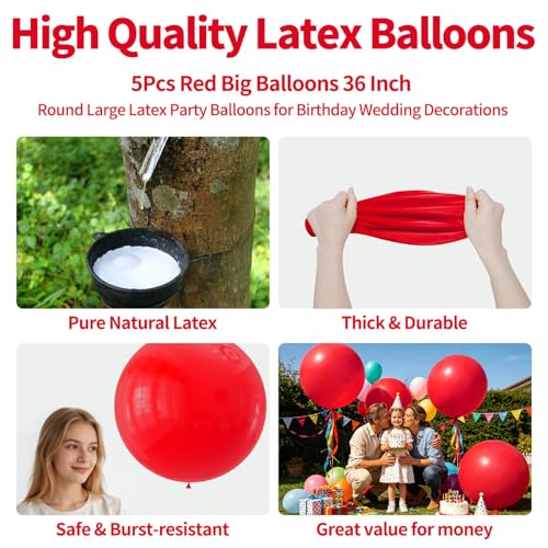 Image of 5Pcs Red Big Balloons 36 Inch, Round Large Latex Party Balloons for Birthday Wedding Decorations
