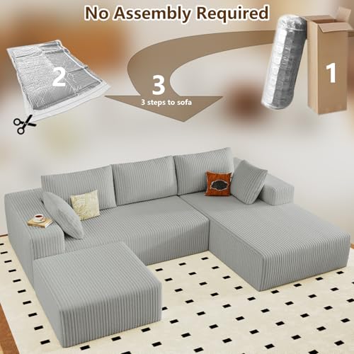 Image of 96 inch U-Shape Cloud Couch, Modern Modular Sectional L-Shape Sofa with Ottoman, Corduroy Upholstered Couches Deep Seat Chaise Longue for Living Room, No Assembly Required(Light Gray, Right Facing)