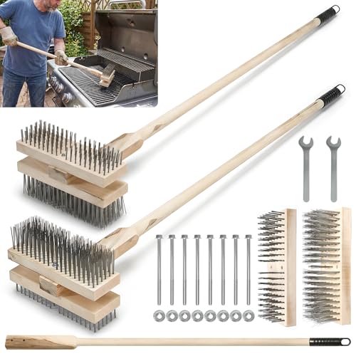 FULEIYA 2PCS 51 Stainless Steel Grill Brush for Outdoor Grill Cleaning Brush with Long Handle BBQ Grill Brush Detachable Double Ended Wire Bristle Brush Grill with Fixing Bolts & Wrench