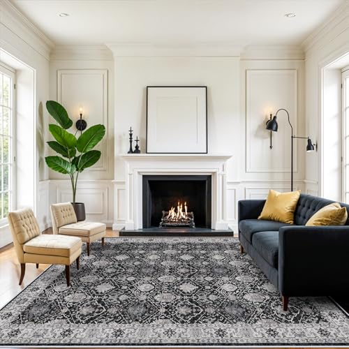 Washable 8x10 Living Room Rug: Vintage Low Pile Water Resistant Area Rug with Non-Slip Backing for Bedroom Dining Room Distressed Carpet for Nursery Indoor Soft Floor Mat for Home Office (8x10 Black)