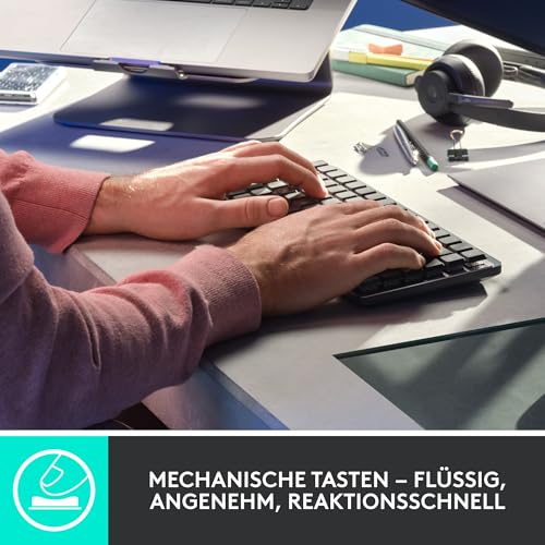 Logitech MX Mechanische kabellose Mini-Tastatur mit Beleuchtung, Taktile leise Tasten, Hintergrundbeleuchtung, Bluetooth, USB-C, macOS, Windows, Linux, iOS, Android, Metall, Deutsches QWERTZ - Grau