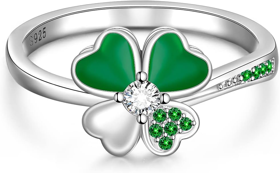 Shamrock Ring St Patricks Day Four Leaf Clover Rings for Women Sterling Silver Irish Lucky Green Clover Shamrock Jewelry Gifts