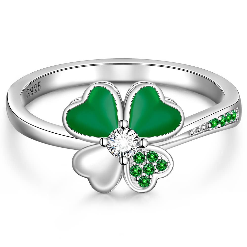 TaloniorShamrock Ring St Patricks Day Four Leaf Clover Rings for Women Sterling Silver Irish Lucky Green Clover Shamrock Jewelry Gifts