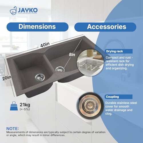 Image of JAYKO Quartz Acrylic Kitchen Sink for Modular Kitchen | Granite Finish, Scratch & Heat Resistant | Easy to Clean & Stylish Sink for Home (UBR, 40x20in)
