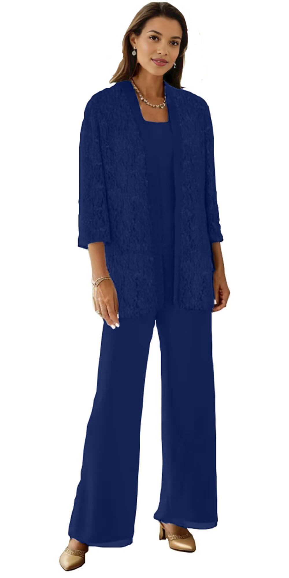 3 Pieces Mother of The Bride Pantsuits for Wedding Lace Applique Scoop Neck Evening Dressy Pant Suits with