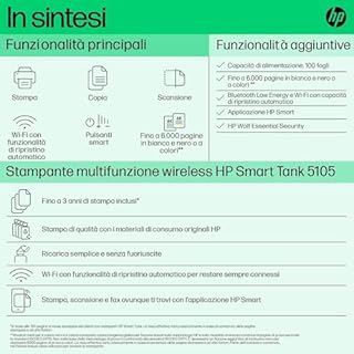 HP Smart Tank 5105 1F3Y3A, Stampante Multifunzione A4 con serbatoio di inchiostro ad alto volume di stampa, stampa fronte/retro manuale, scansione, copia, 22 ppm, USB, Wi-Fi, HP Smart, Bianca