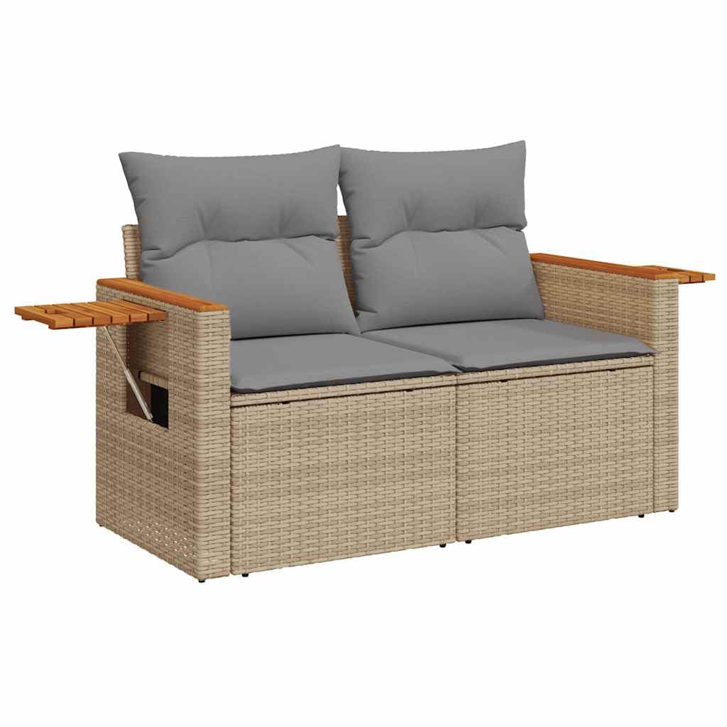 Conjunto modular de 7 piezas de polirratán y acacia, beige, con almacenamiento y bolsa impermeable, mesa auxiliar plegable y extraíble lavable